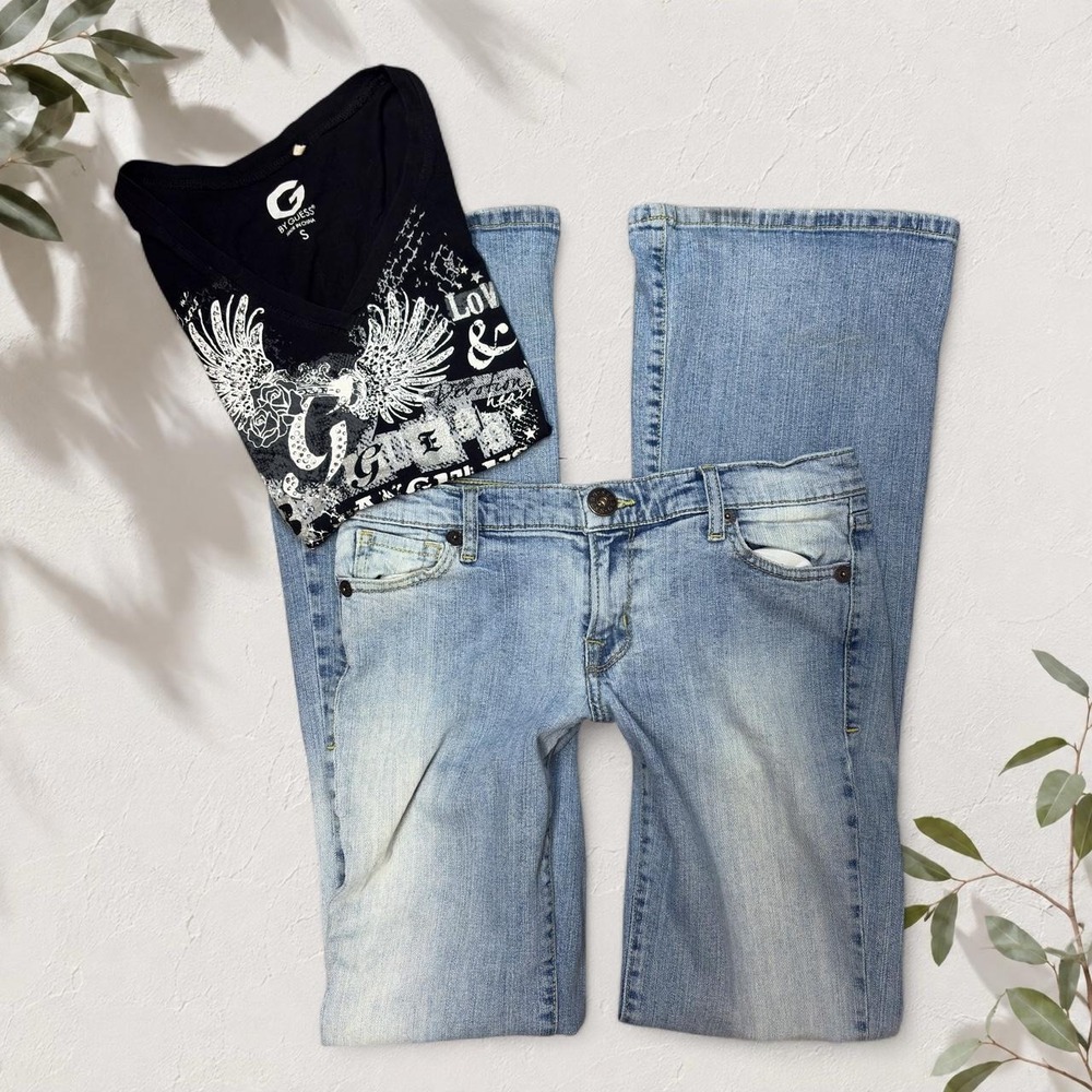 GUESS Y2K Bling Graphic Tee and Flare Jeans Set Black Blue Small